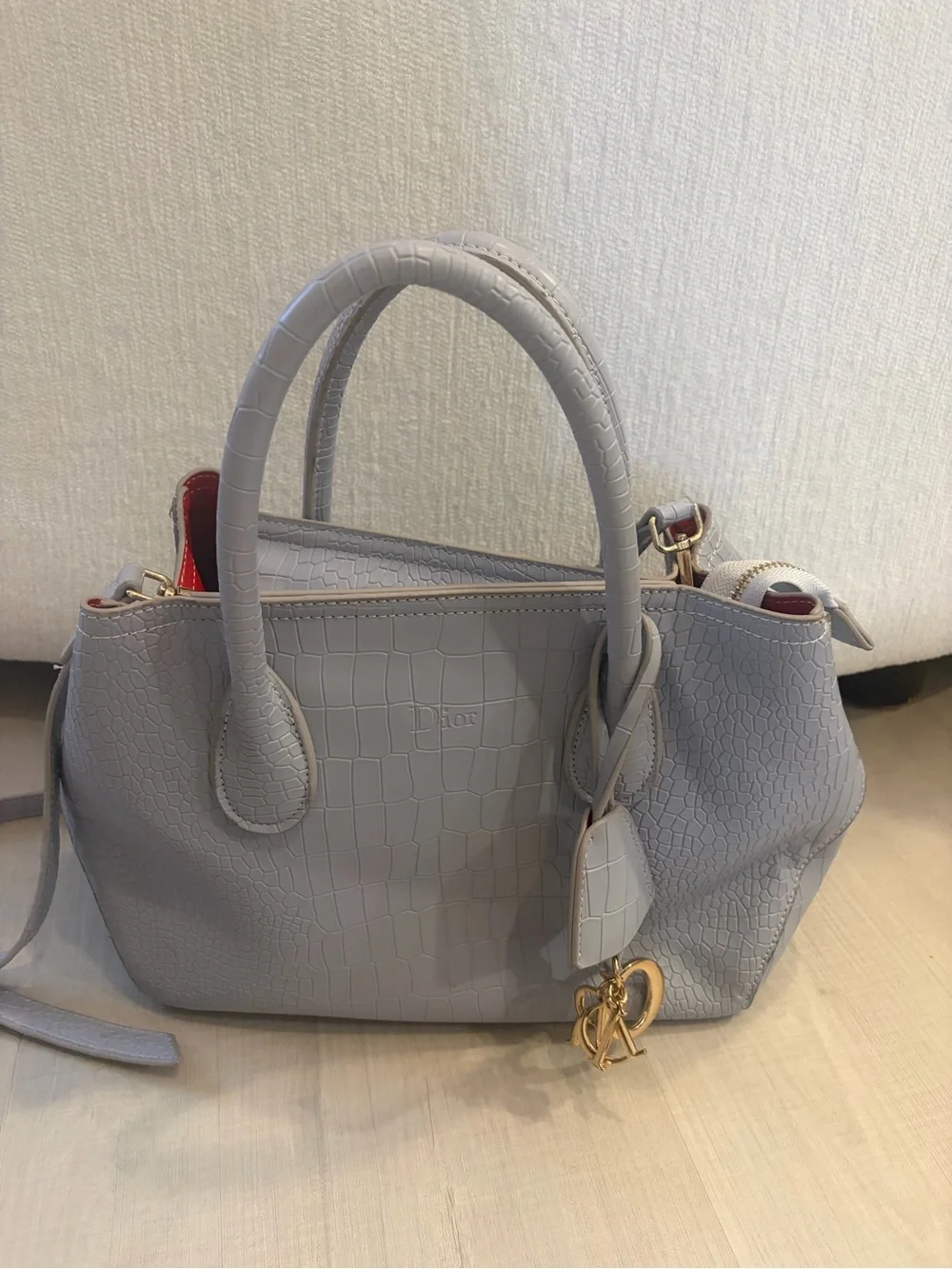 Dior Light Gray/Blue Croc-Embossed Tote Bag with Gold Hardware